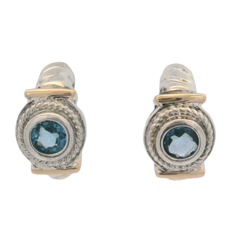 925 Sterling Silver and 14kt Rose Gold Blue Topaz Cable Huggie Stud Earrings