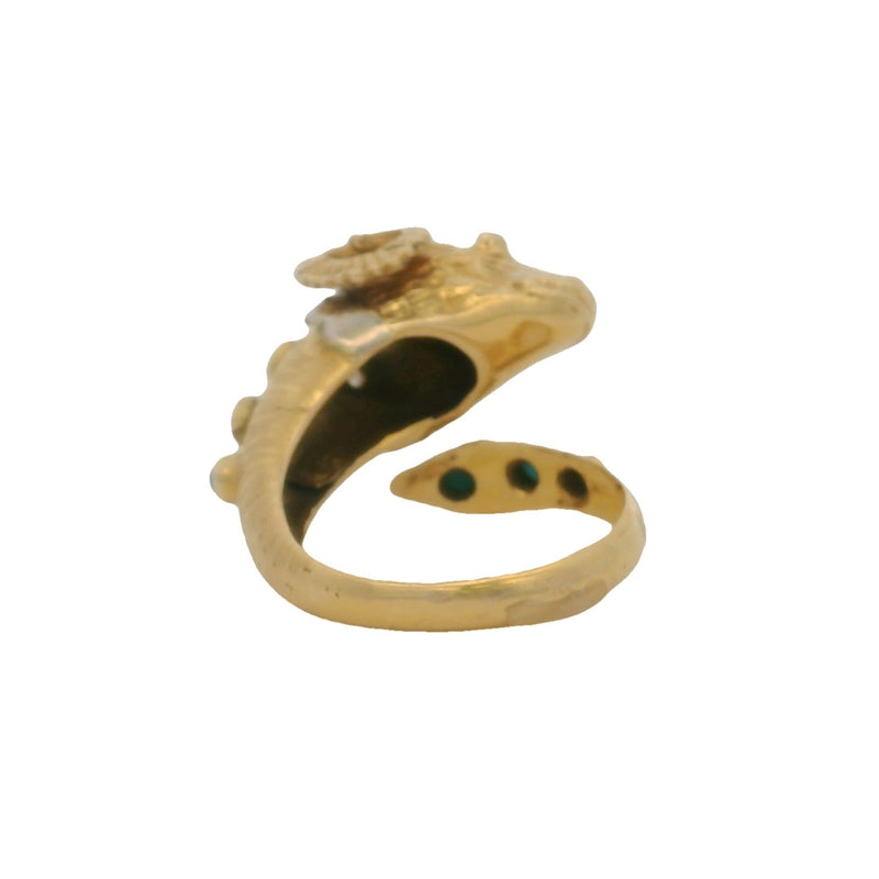 Vintage Solid 18kt Yellow Gold Ram's Head Ring with Turquoise, 3 Diamonds, and Ruby Eyes Size 8