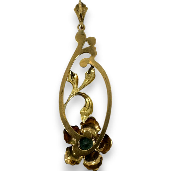 Vintage 1930-50s 10kt Yellow Gold Long Floral Pendant with Blue Glass Stone