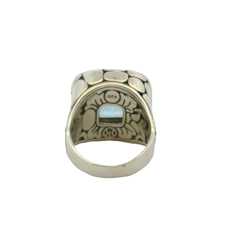 John Hardy 925 Sterling Silver Blue Topaz Batu Kali Pebble Square Cocktail Ring Size 9.5
