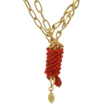Vintage Solid 18kt Yellow Gold Multi-Chain Adjustable Coral Pendant Tassel 20.5" Textured Necklace