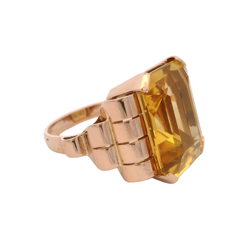 Vintage 1930s-50s Retro Era 18kt Rose Gold Emerald Cut Citrine Cocktail Statement Ring Size 7.75