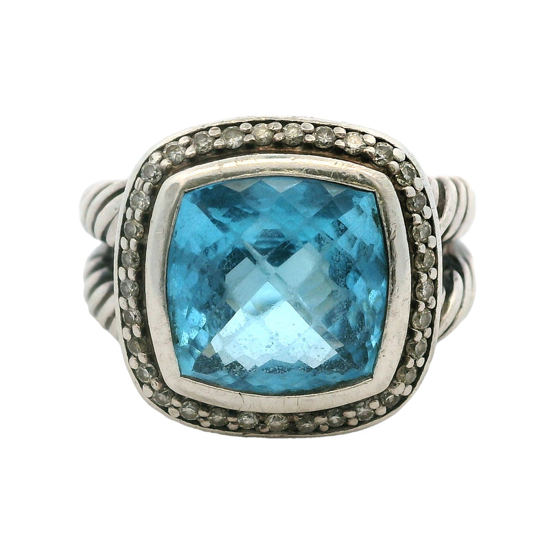 David Yurman 925 Sterling Silver Blue Topaz and Diamond Halo 16mm Wide Albion Ring Size 7.5