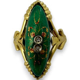 Vintage 1960-70s Solid 14kt Yellow Gold and Green Enamel Navette Ring with Floral Filigree Detail and Two Small Diamonds Size 6.25