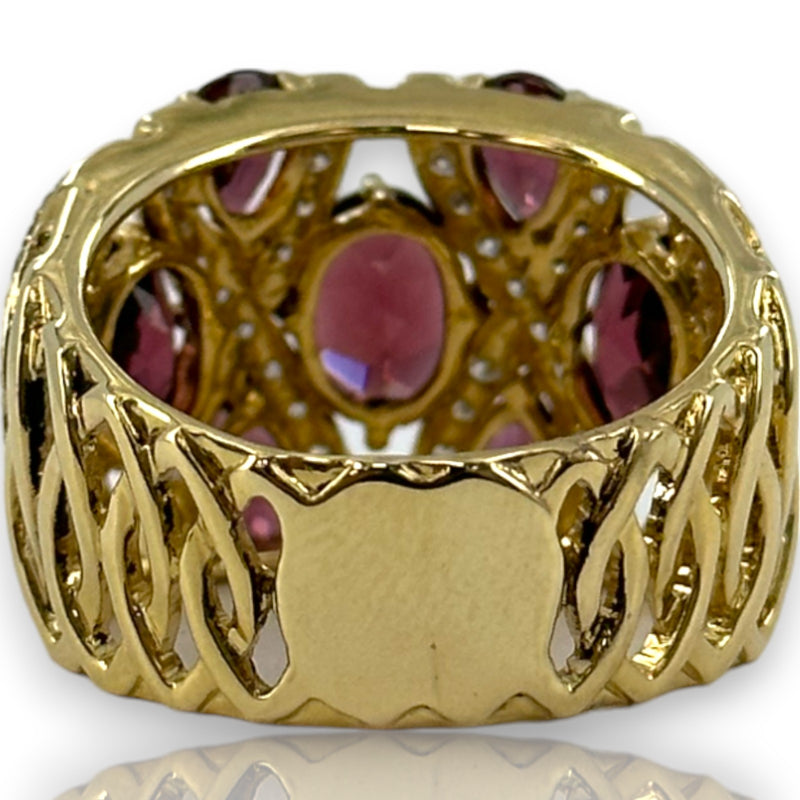 Ciemme Large Luxury Cocktail Ring with Rhodalite Garnets and Natural Diamonds Solid 14k Yellow Gold Size 9.5