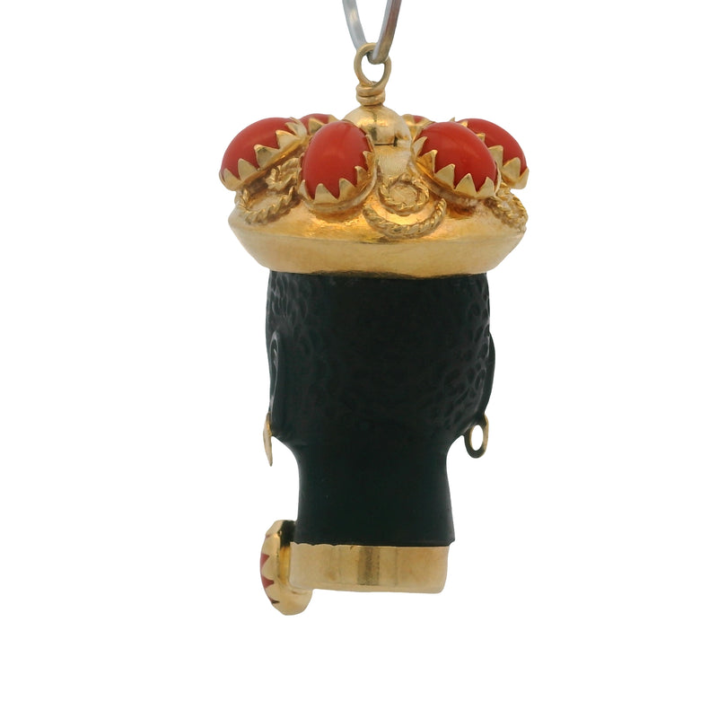 Antique Italian Solid 18kt Yellow Gold Ebony Wood and Coral Blackamoor Head Pendant