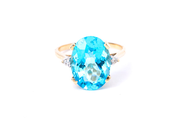 Vintage Blue Topaz & Diamond Accent Cocktail Band 14K 585 Yellow Gold Ring Size 6 3/4