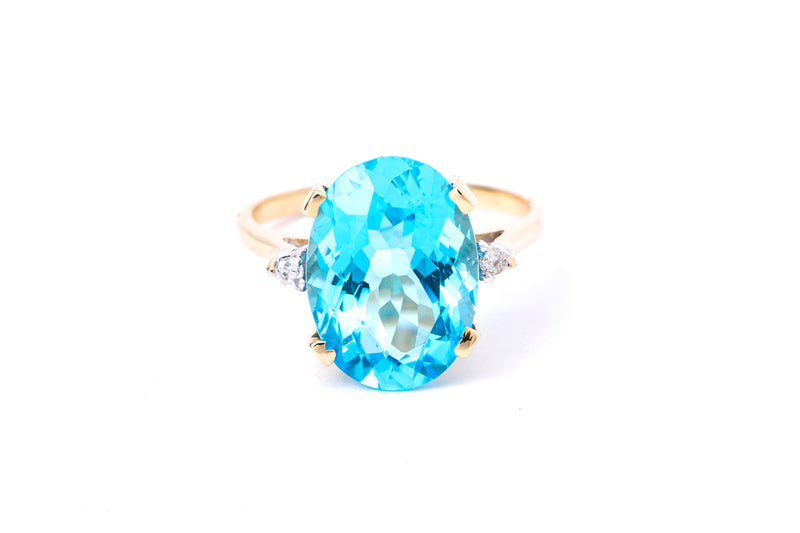 Vintage Blue Topaz & Diamond Accent Cocktail Band 14K 585 Yellow Gold Ring Size 6 3/4