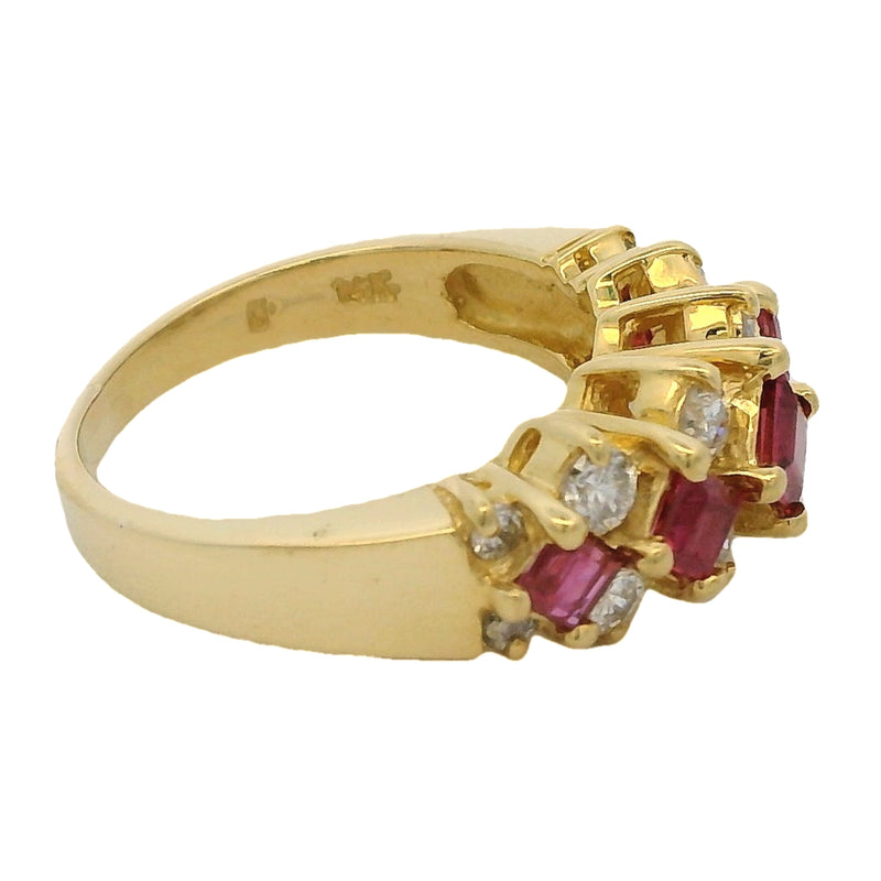 14kt Yellow Gold, Square Cut Ruby, and Diamond 7.5mm Half-Eternity Cluster Ring Size 4.75