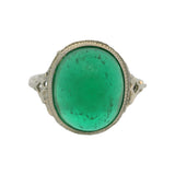 Antique 1920s Solid 14kt White Gold and Green Glass Cabochon Filigree Ring Size 5.5