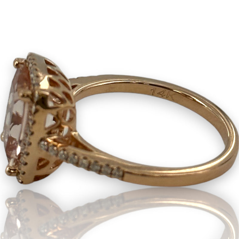 QCD Quality Color Design 14kt Solid Rose Gold Ring with Morganite and Accent Diamond Wedding Engagement Halo Size 7