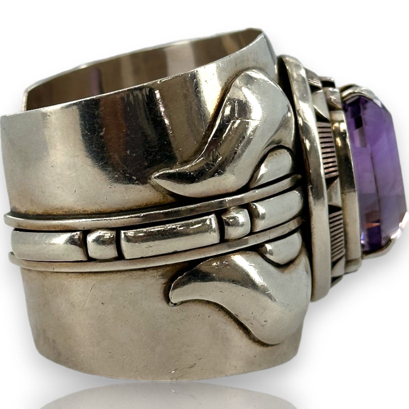 Robert T Kelly Navajo Native American 925 Sterling Silver and 62ct Amethyst Heavy Large Cuff Bracelet