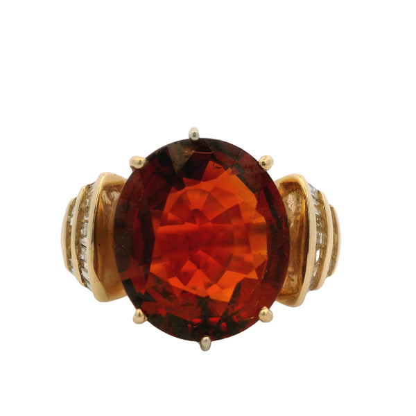 Vintage 1970-80s 14kt Yellow Gold Cocktail Ring with Large Madeira Citrine and Baguette Diamonds Size 7.5