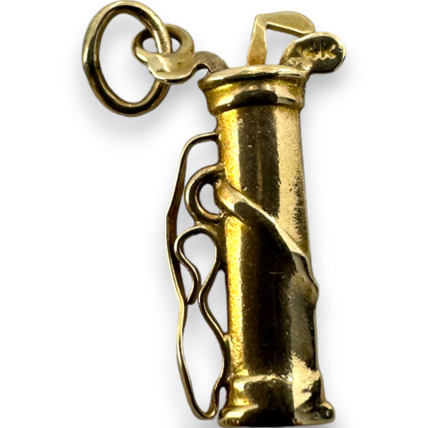 Vintage Golf Club Caddy Sports Charm with Three Clubs Pendant Solid 14kt Yellow Gold