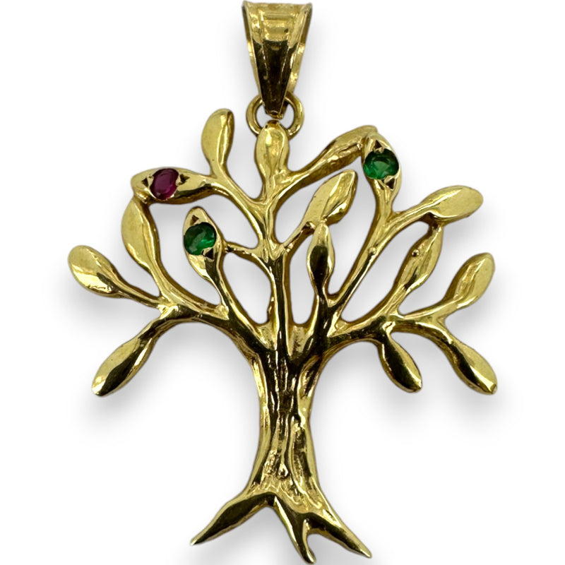 Solid 14kt Yellow Gold Family Tree/Tree of Life Necklace Pendant with One Lab Ruby and 2 Lab Emeralds