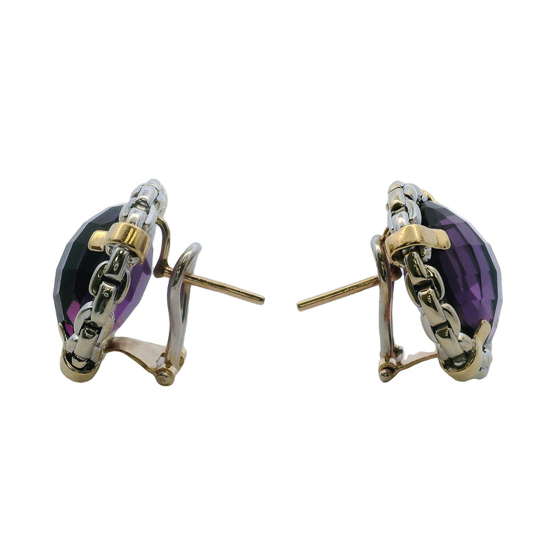 Italian14kt Yellow and White Gold Chain Pattern 22mm Large Amethyst Omega-Back Earrings
