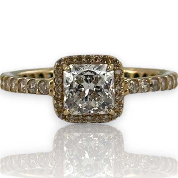 Anillo Pandora con halo cuadrado brillante en oro amarillo macizo de 14 kt y circonita cúbica, solitario de corte radiante con circonitas decorativas, talla 7