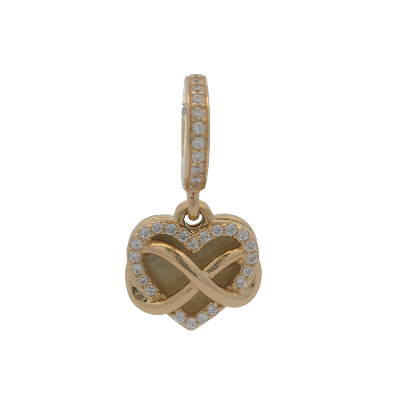 Charm colgante Pandora de oro amarillo macizo de 14 kt con circonitas cúbicas y esmalte con forma de corazón infinito.