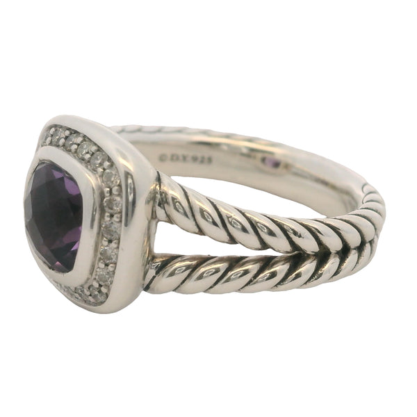 David Yurman 925 Sterling Silver Petite Amethyst Albion Ring with Diamond Halo Size 7