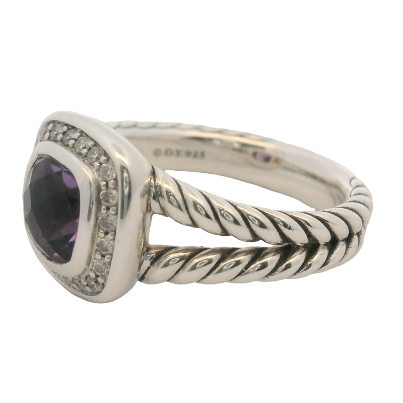 David Yurman 925 Sterling Silver Petite Amethyst Albion Ring with Diamond Halo Size 7