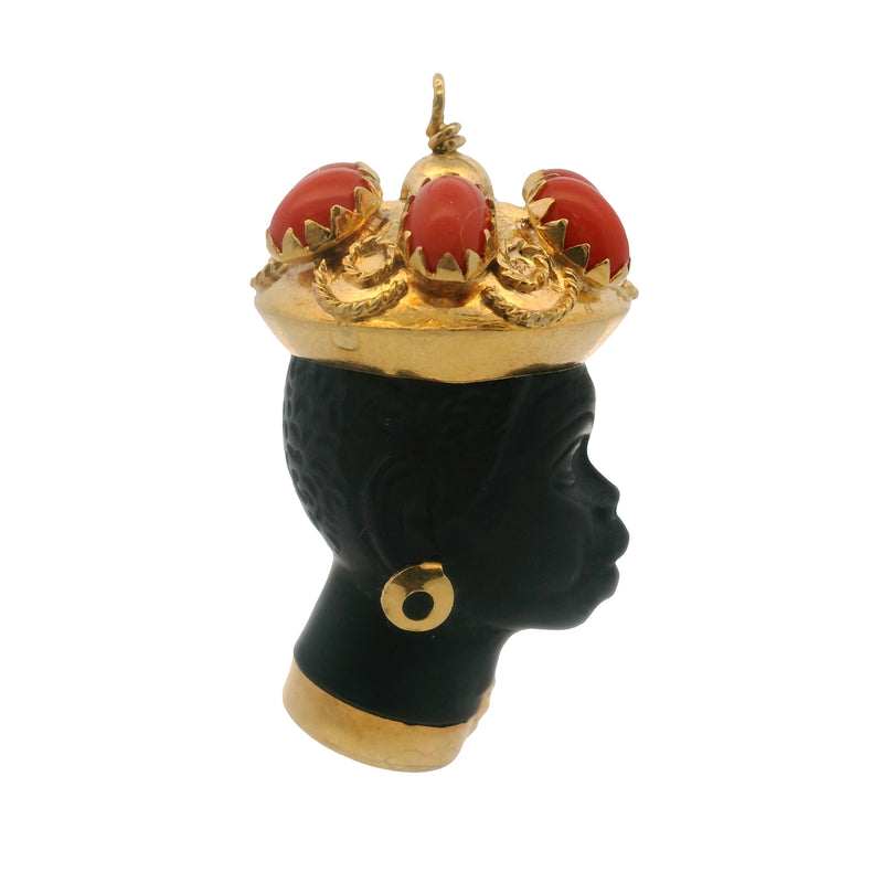Antique Italian Solid 18kt Yellow Gold Ebony Wood and Coral Blackamoor Head Pendant