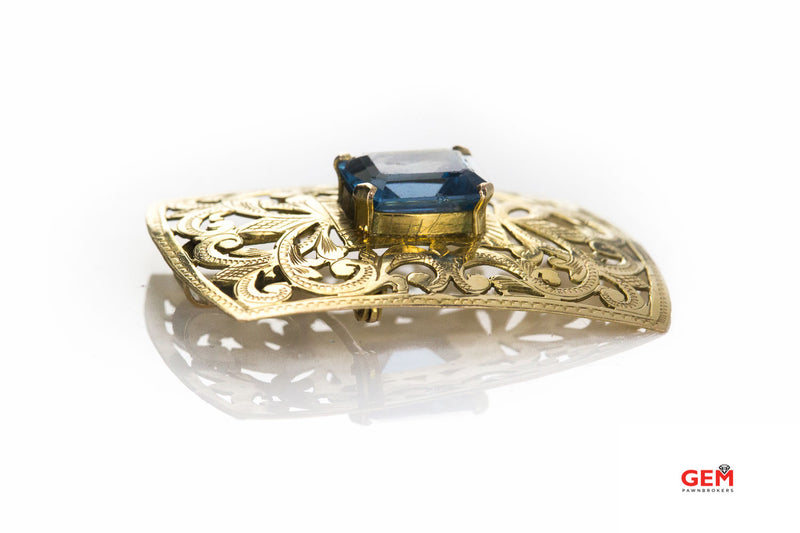Antique Convertible Charm Blue Topaz Scroll Pierced Filigree 14K 585 Yellow Gold Brooch