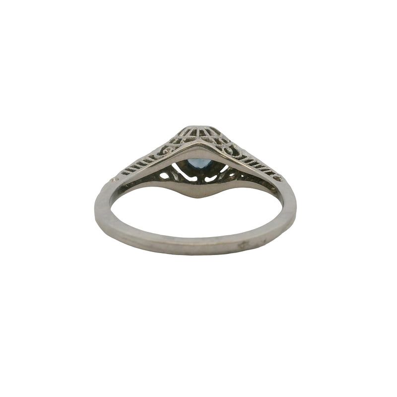 Antique 1920s Art Deco 14kt White Gold Sapphire and Diamond Filigree Ring Size 6
