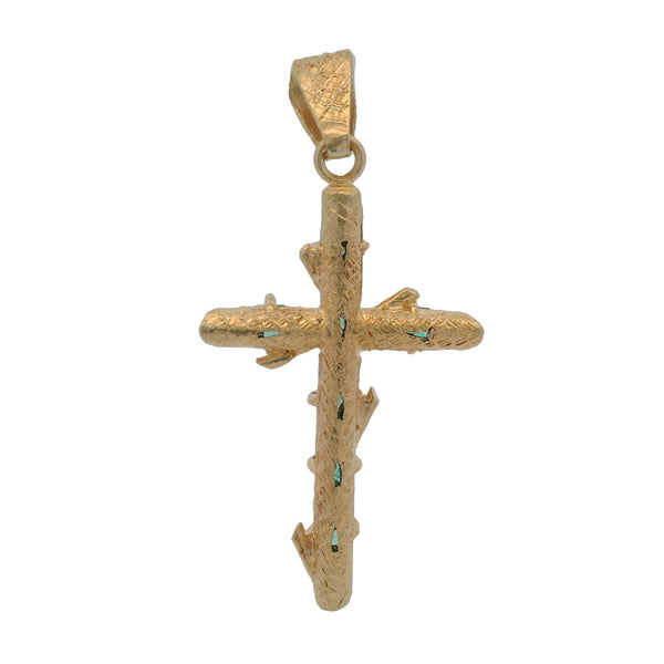 Brutalist Solid 18kt Yellow Gold and Columbian Emerald Rough Branch Handmade 2" Cross Pendant