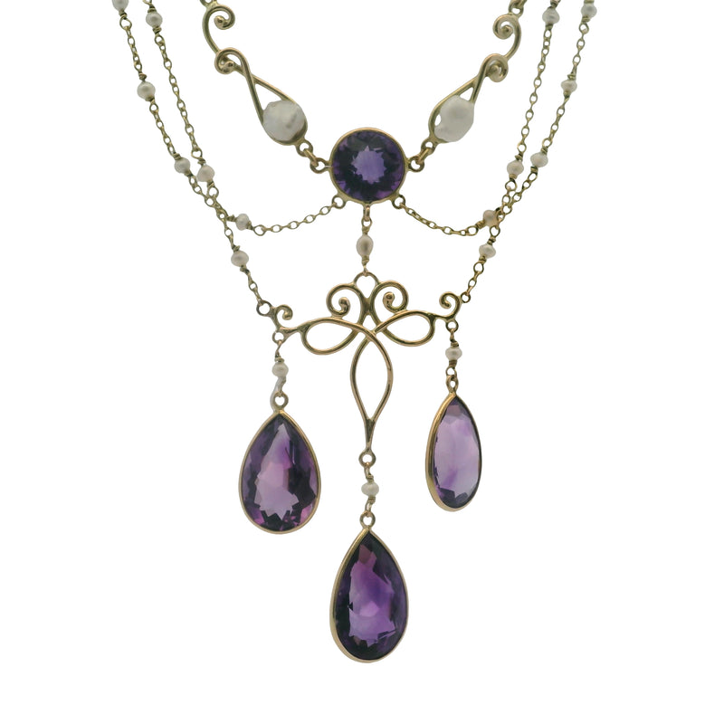 Antique Early 1900s Art Nouveau 14kt Yellow Gold Amethyst and Pearl 14.5" Festoon Necklace