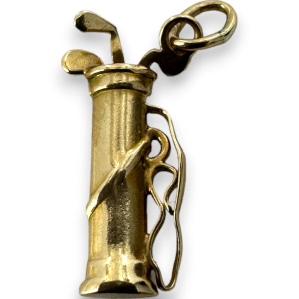 Vintage Golf Club Caddy Sports Charm with Three Clubs Pendant Solid 14kt Yellow Gold