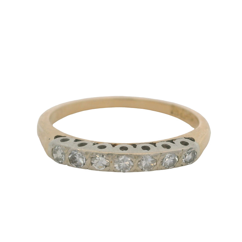 Antique 1930s 14kt Two-Tone Single-Cut 7 Diamond Line Wedding Band Ring Size 7