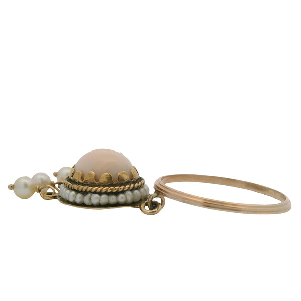 Vintage Mid Century 14kt Yellow Gold Coral and Seed Pearl Charm Ring Pendant
