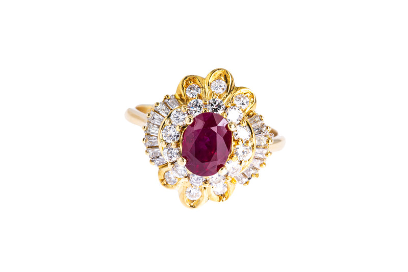 Natural Ruby & Diamond Cocktail Cluster 18K 750 Yellow Gold Ring Size