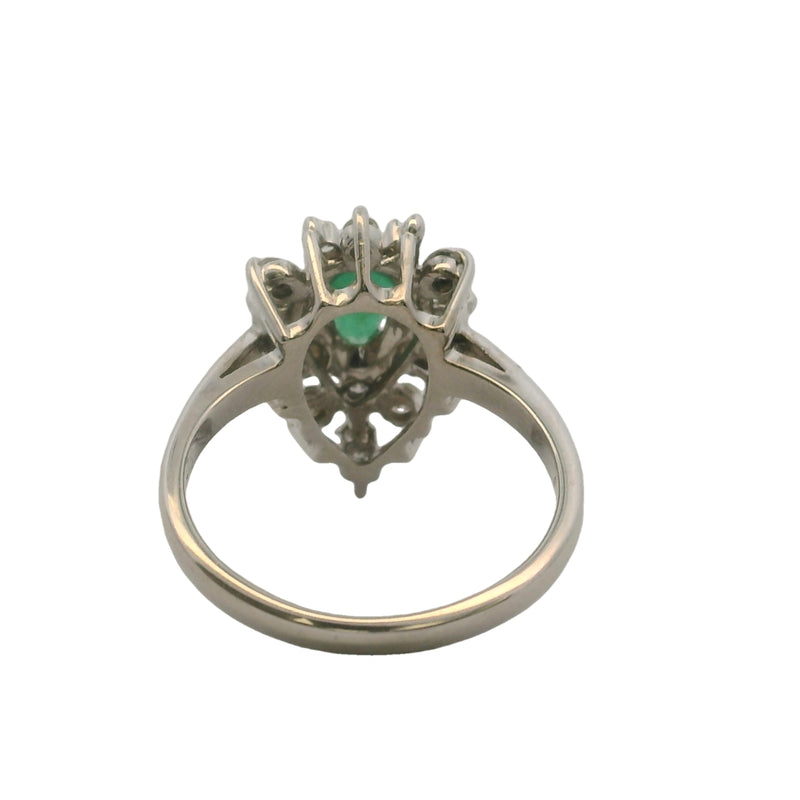 14kt White Gold and Pear Cut Emerald Ring with Cluster Diamond Halo Size 6.25