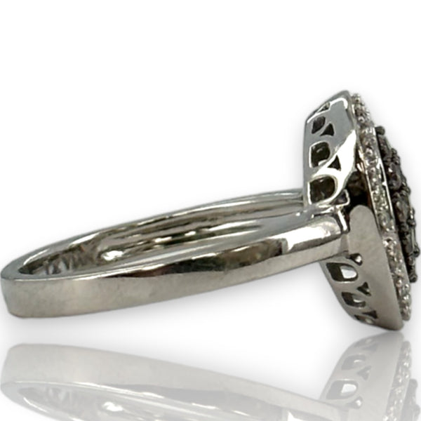 LeVian Solid 14kt White Gold Cluster Ring with Cognac Chocolate Diamonds and White Vanilla Diamond Halo Size 7