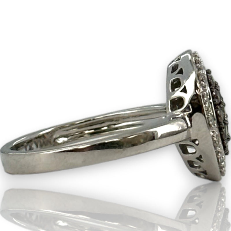 LeVian Solid 14kt White Gold Cluster Ring with Cognac Chocolate Diamonds and White Vanilla Diamond Halo Size 7