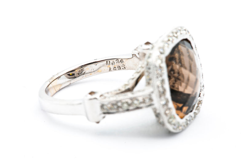 Solid 18kt White Gold and Checkerboard Cut Smokey Quartz Cocktail Ring with Full-Coverage Diamond Halo and Sides