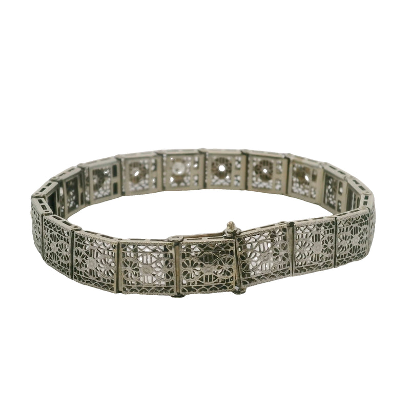 Estate Diamond Filigree Accent 14K 585 White Gold Pierced Bracelet