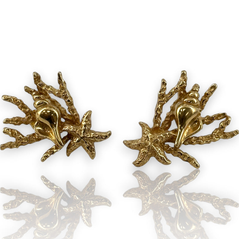 KABANA Solid 14kt Yellow Gold Shell, Starfish, and Coral Ocean Stud Earrings