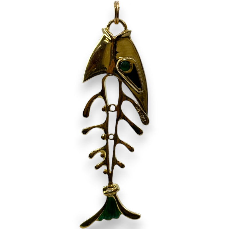 Vintage 1980s Solid 18kt Gold and Enamel Italian Bone Fish Skeleton Pendant with Chrysoprase Eyes Charm