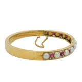 Antique Victorian Solid 18kt Yellow Gold Hinged 6.5" Bangle with Pearls, Rubies, and Diamonds