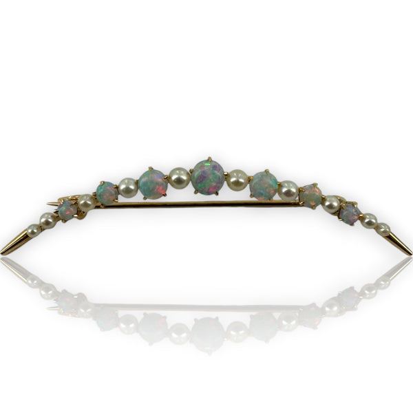 Bates & Klinke Signed 1900-1910s Opal and Pearl Crescent Moon Brooch Pin with Original Pinback