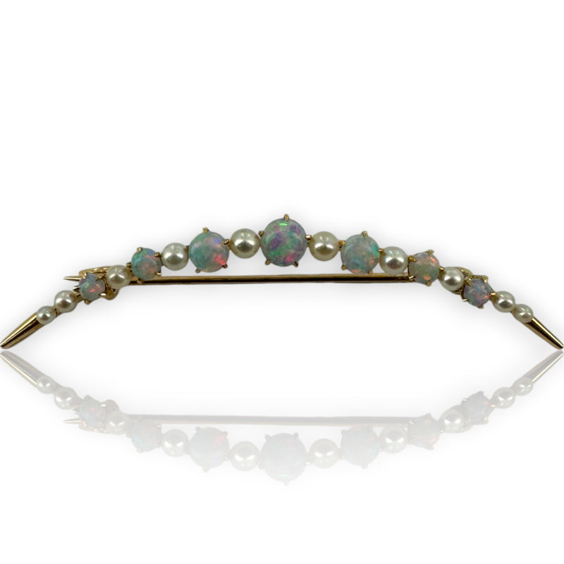 Bates & Klinke Signed 1900-1910s Opal and Pearl Crescent Moon Brooch Pin with Original Pinback