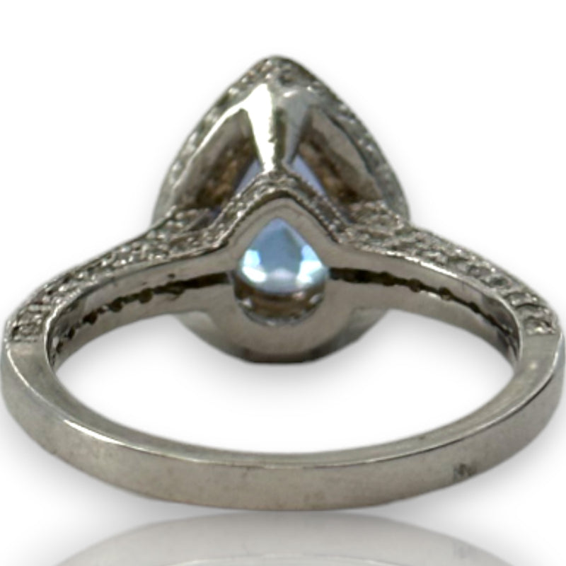 Solid 14kt White Gold Rhodium Plated Pear Shaped Prong Set Tanzanite Solitaire Ring with Diamond Halo Size 7.5