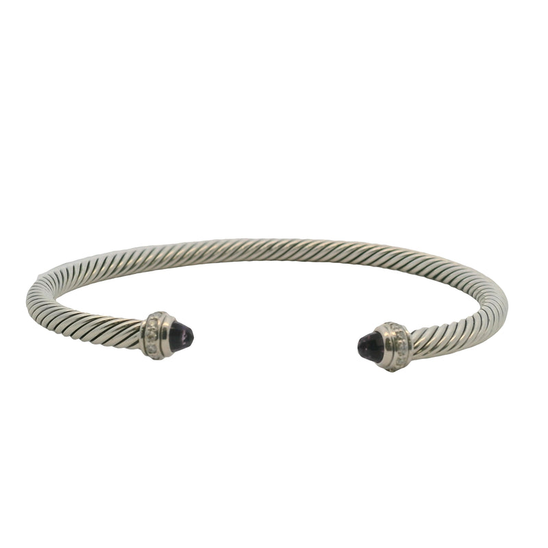David Yurman 925 Sterling Classic 4mm Cable Bracelet with Amethyst and Diamonds Size M 6.5