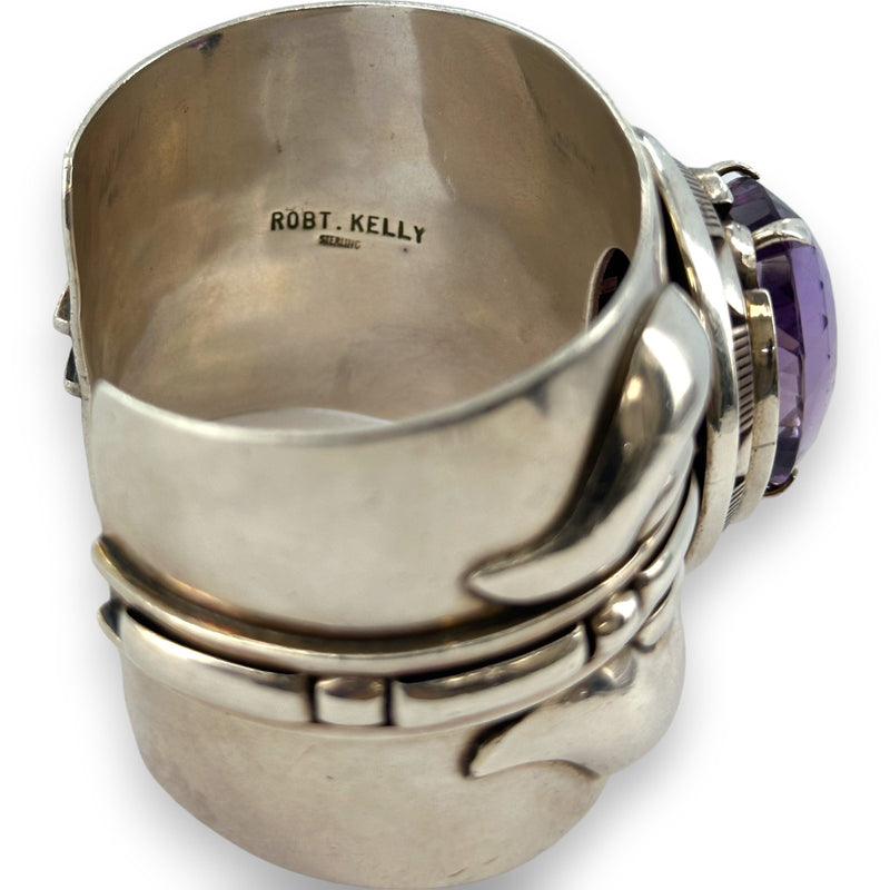 Robert T Kelly Navajo Native American 925 Sterling Silver and 62ct Amethyst Heavy Large Cuff Bracelet