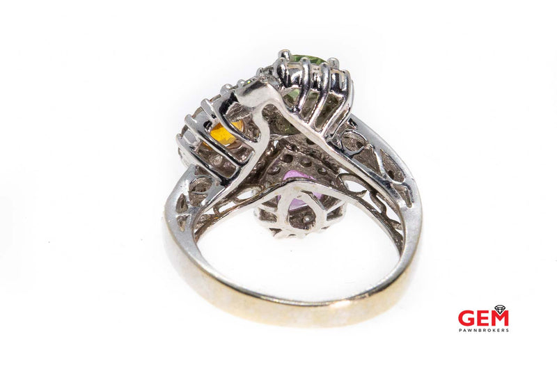 Samuel Benham BJC Quartz Hearts & Diamond Pave Halo Cocktail 18K 750 White Gold Ring Size 5 1/2