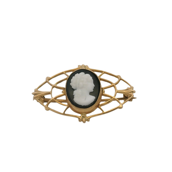 c1950s Budlong Docherty & Armstrong 10kt Yellow Gold Cameo Brooch with Onyx and Plastic Face