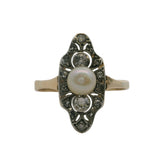 Antique Edwardian 1890-1900s 10kt Two-Tone Gold, Old Mind Diamond, and Pearl Dinner Cocktail Ring Size 9
