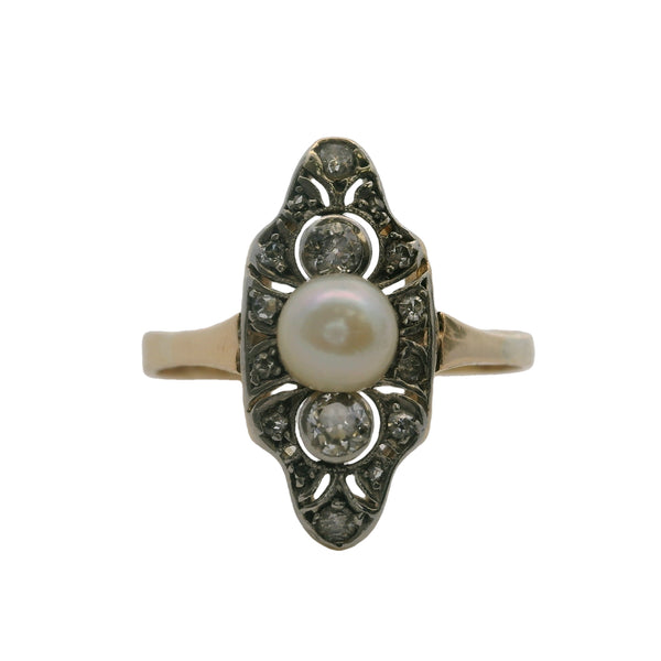 Antique Edwardian 1890-1900s 10kt Two-Tone Gold, Old Mind Diamond, and Pearl Dinner Cocktail Ring Size 9